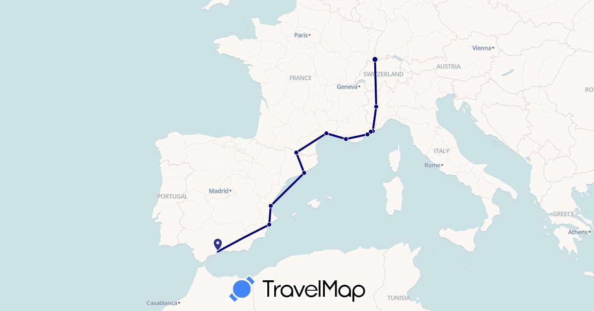 TravelMap itinerary: driving in Andorra, Switzerland, Spain, France, Italy, Monaco (Europe)